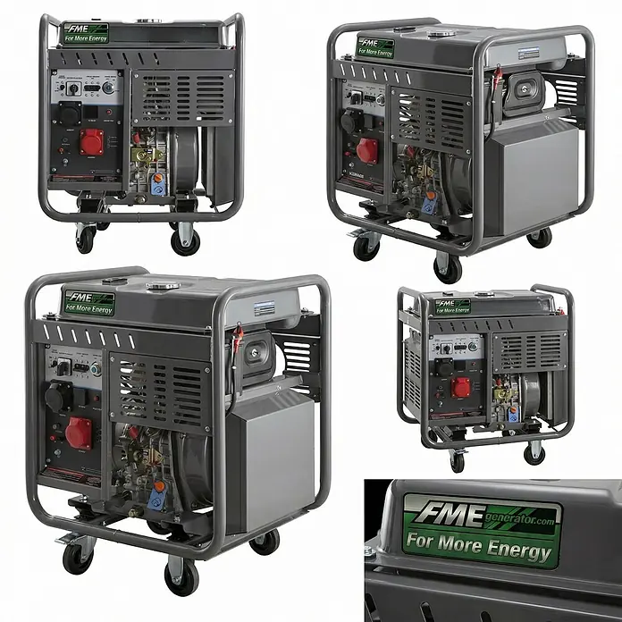 FME Stromerzeuger FME 11000iD-O Diesel Inverter Stromerzeuger 230V / 400V 11,25kVA - HVO100 - Nennleistung: 8,5 kW, Tankvolumen: 25 l - Ein dunkelgrauer tragbarer Generator mit robustem Rahmen, Rädern und Bedienfeld mit verschiedenen Steckdosen, aus mehreren Blickwinkeln dargestellt.