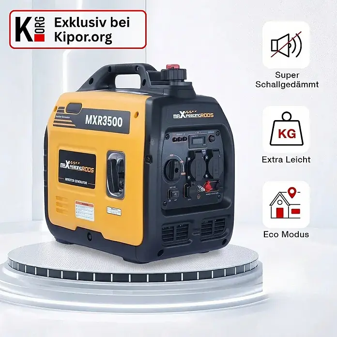 MaXpeedingrods Stromerzeuger 3300 Watt Benzin Inverter Stromerzeuger maXpeedingrods MXR 3500 mit LE... - Nennleistung: 3 kW, Tankvolumen: 4 l - Kompakter gelb-schwarzer Inverter-Generator mit Tragegriff und Bedienfeld.