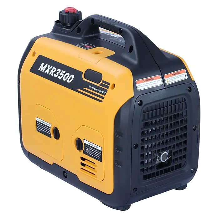 MaXpeedingrods Stromerzeuger 3300 Watt Benzin Inverter Stromerzeuger maXpeedingrods MXR 3500 mit LE... - Nennleistung: 3 kW, Tankvolumen: 4 l - Ein tragbarer gelb-schwarzer Inverter-Generator mit Tragegriff oben und Wartungsaufklebern.