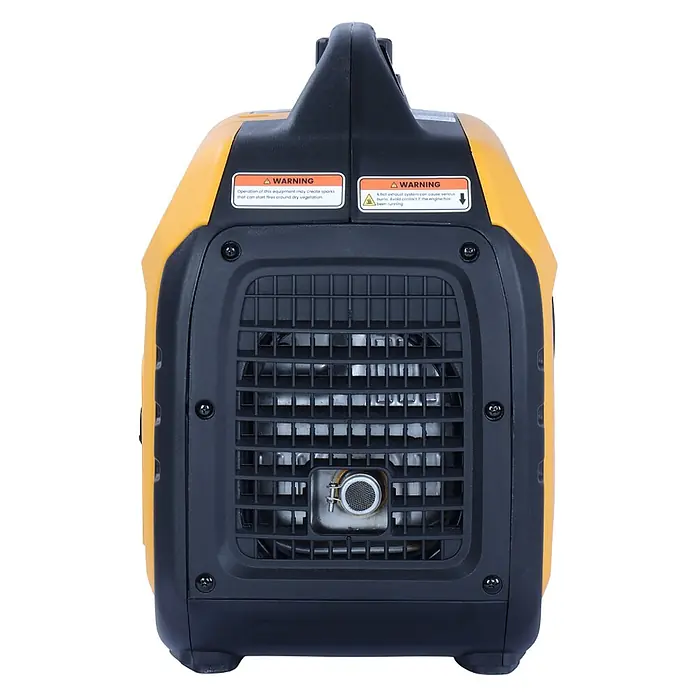 MaXpeedingrods Stromerzeuger 3300 Watt Benzin Inverter Stromerzeuger maXpeedingrods MXR 3500 mit LE... - Nennleistung: 3 kW, Tankvolumen: 4 l - Kompakter gelb-schwarzer Stromerzeuger mit Tragegriff, hinterem Auspuffgitter und Warnhinweisen.