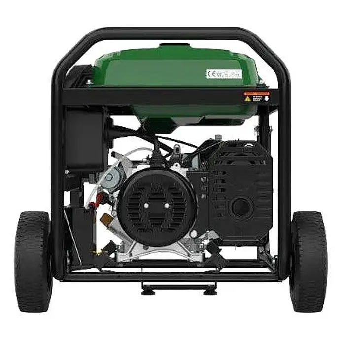 Genergy Stromerzeuger Dualfuel Stromerzeuger 8500W Genergy Natura 8000 SVR - Benzin & LPG - Nennleistung: 8 kW, Tankvolumen: 28 l - Tragbarer Stromgenerator mit grünem Tank, schwarzem Rahmen und Rädern in Rückansicht.