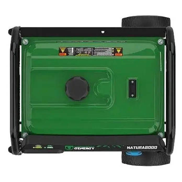 Genergy Stromerzeuger Dualfuel Stromerzeuger 8500W Genergy Natura 8000 SVR - Benzin & LPG - Nennleistung: 8 kW, Tankvolumen: 28 l - Draufsicht auf einen grünen GENERGY NATURABOOD Stromerzeuger mit Tankdeckel und schwarzem Rahmen.