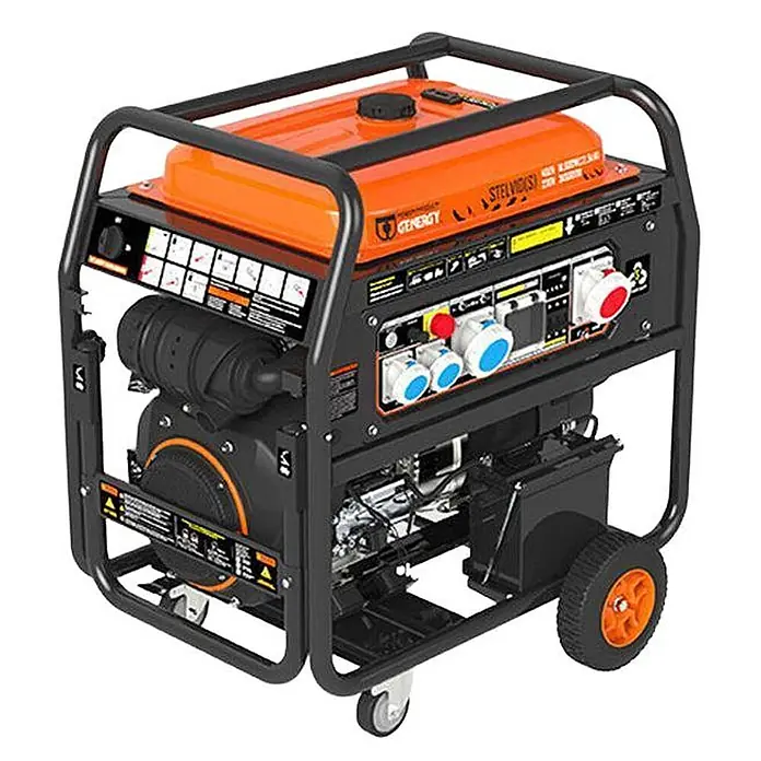 Genergy Stromerzeuger Benzin Stromerzeuger 18kW (22.5kVA) Genergy STELVIO S - IP67 - Nennleistung: 5,7 kW, Tankvolumen: 50 l - Tragbarer orange-schwarzer Stromerzeuger mit robustem Rahmen, Bedienfeld mit mehreren Steckdosen und Rollen für Mobilität.