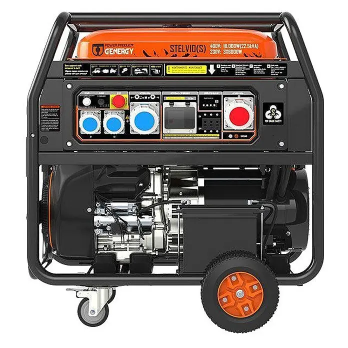Genergy Stromerzeuger Benzin Stromerzeuger 18kW (22.5kVA) Genergy STELVIO S - IP67 - Nennleistung: 5,7 kW, Tankvolumen: 50 l - Schwarzer und oranger tragbarer Generator mit Rädern und detailliertem Bedienfeld für die Stromversorgung.