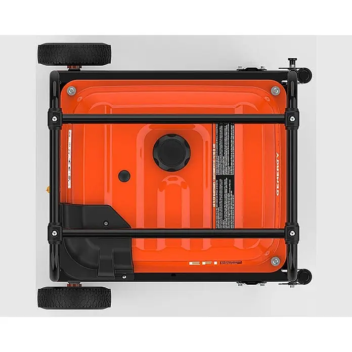 Genergy Stromerzeuger Inverter Stromerzeuger Benzin 10.000W mit Funkstart Genergy Azores - Nennleistung: 9,5 kW, Tankvolumen: 32,5 l - Draufsicht auf einen orange-schwarzen, tragbaren Generator mit schwarzem Schutzrahmen und Rädern.
