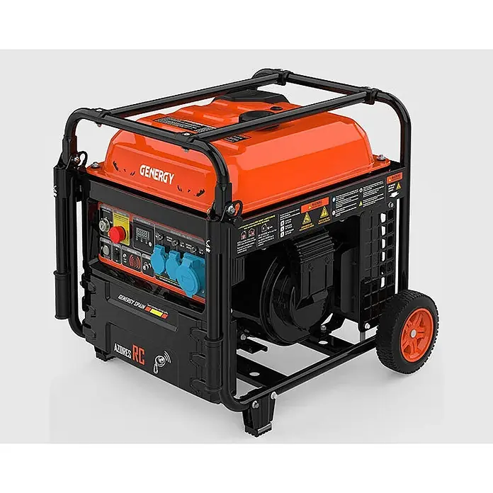 Genergy Stromerzeuger Inverter Stromerzeuger Benzin 10.000W mit Funkstart Genergy Azores - Nennleistung: 9,5 kW, Tankvolumen: 32,5 l - Orange-schwarzer mobiler Stromgenerator mit robustem Rahmen und Rädern, ausgestattet mit mehreren Steckdosen.