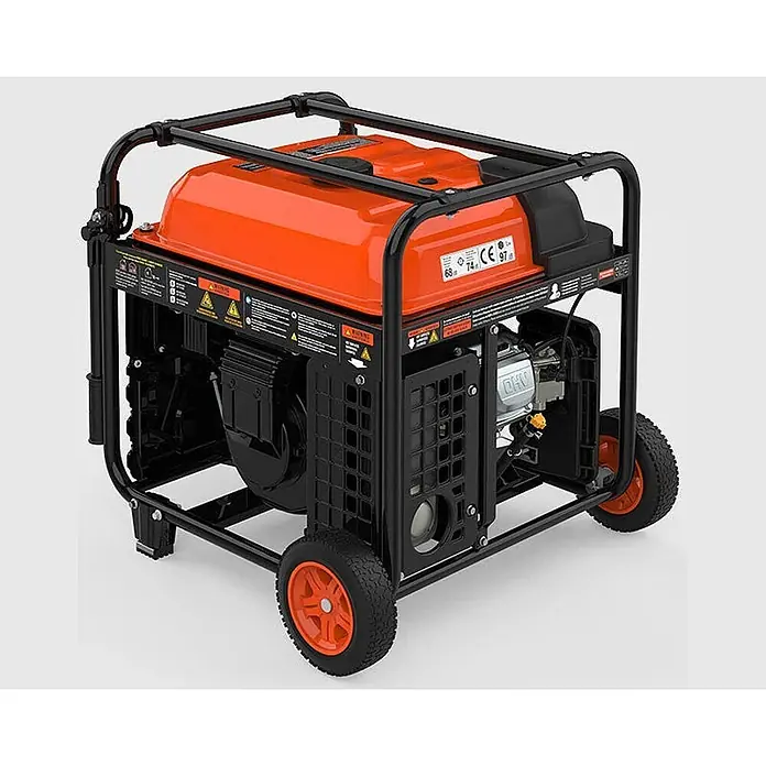 Genergy Stromerzeuger Inverter Stromerzeuger Benzin 10.000W mit Funkstart Genergy Azores - Nennleistung: 9,5 kW, Tankvolumen: 32,5 l - Oranger und schwarzer tragbarer Generator mit stabilem Metallrahmen und Rädern.