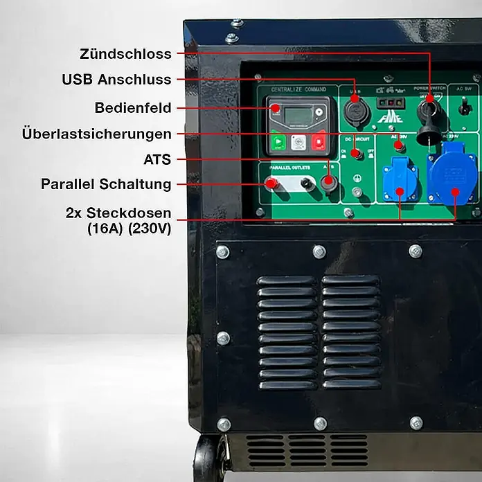 FME Stromerzeuger Stromerzeuger Diesel Inverter 5500 Watt FME XG-SF 5600D Carbon - HVO100 - Nennleistung: 5 kW, Tankvolumen: 20 l - Schwarzes Generator-Bedienfeld mit grüner Platte, blauen Steckdosen und Beschriftungen für Zündschloss, USB, Überlastschutz und Parallel-Ausgänge.