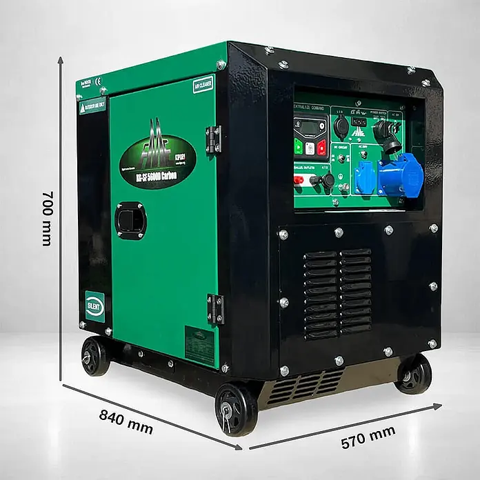 FME Stromerzeuger Stromerzeuger Diesel Inverter 5500 Watt FME XG-SF 5600D Carbon - HVO100 - Nennleistung: 5 kW, Tankvolumen: 20 l - Grüner und schwarzer tragbarer Silent-Generator mit Rädern, Maße sichtbar.