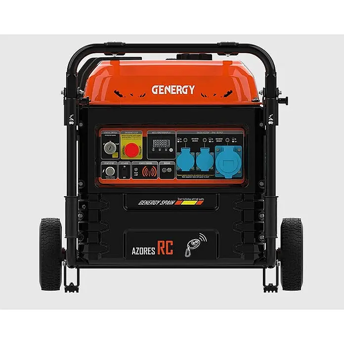 Genergy Stromerzeuger Inverter Stromerzeuger Benzin 10.000W mit Funkstart Genergy Azores - Nennleistung: 9,5 kW, Tankvolumen: 32,5 l - Frontansicht eines orange-schwarzen tragbaren Generators mit Bedienfeld, Ausgangsbuchsen und Rädern.