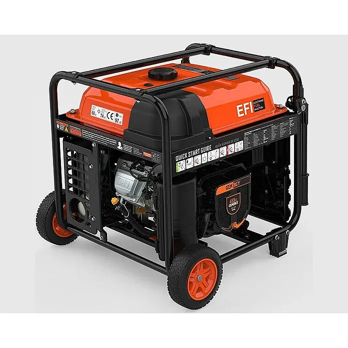 Genergy Stromerzeuger Inverter Stromerzeuger Benzin 10.000W mit Funkstart Genergy Azores - Nennleistung: 9,5 kW, Tankvolumen: 32,5 l - Orange-schwarzer mobiler Stromgenerator mit großem Kraftstofftank, OHV-Motor und Rädern für einfachen Transport.