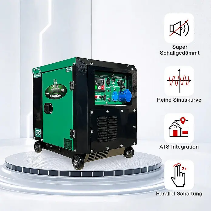 FME Stromerzeuger Stromerzeuger Diesel Inverter 5500 Watt FME XG-SF 5600D Carbon - HVO100 - Nennleistung: 5 kW, Tankvolumen: 20 l - Ein grüner und schwarzer mobiler Stromgenerator mit Bedienfeld, verschiedenen Ausgängen und Rädern.