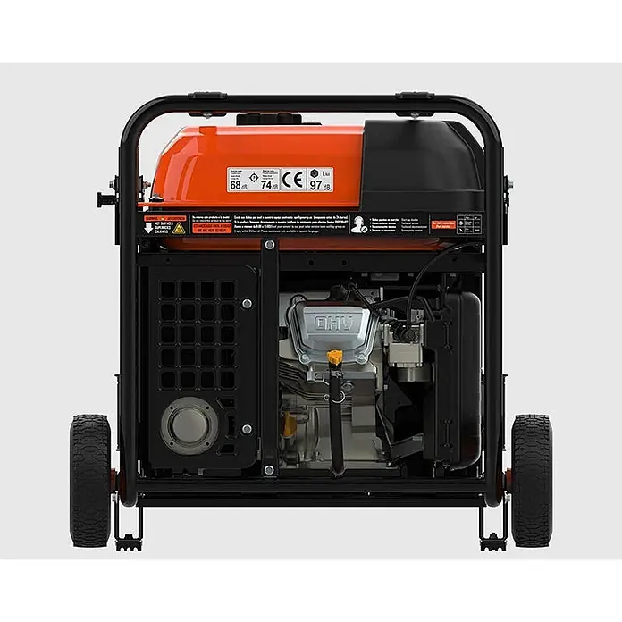 Genergy Stromerzeuger Inverter Stromerzeuger Benzin 10.000W mit Funkstart Genergy Azores - Nennleistung: 9,5 kW, Tankvolumen: 32,5 l - Rückansicht eines orange-schwarzen tragbaren Stromerzeugers mit sichtbarem Motor, Tank und Rädern.