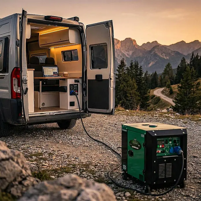 FME Stromerzeuger Stromerzeuger Diesel Inverter 5500 Watt FME XG-SF 5600D Carbon - HVO100 - Nennleistung: 5 kW, Tankvolumen: 20 l - Ein grüner und schwarzer tragbarer Generator, über ein Kabel mit einem silbernen Campervan verbunden, liefert Strom im Freien.