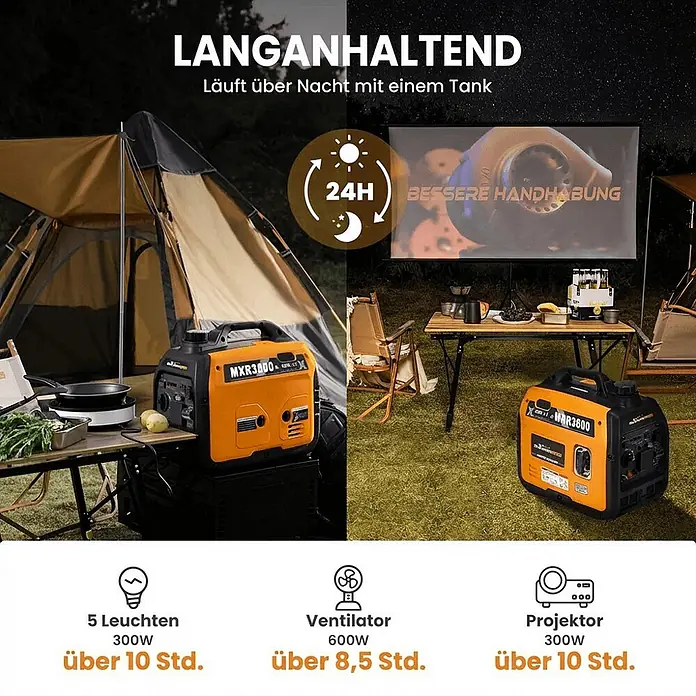 MaXpeedingrods Stromerzeuger 3300 Watt Benzin Inverter Stromerzeuger maXpeedingrods MXR 3500 - Nennleistung: 3 kW, Tankvolumen: 4 l - Oranges und schwarzes tragbares Stromaggregat beim Camping, das Lichter, Ventilator und Projektor über lange Zeiträume versorgt.