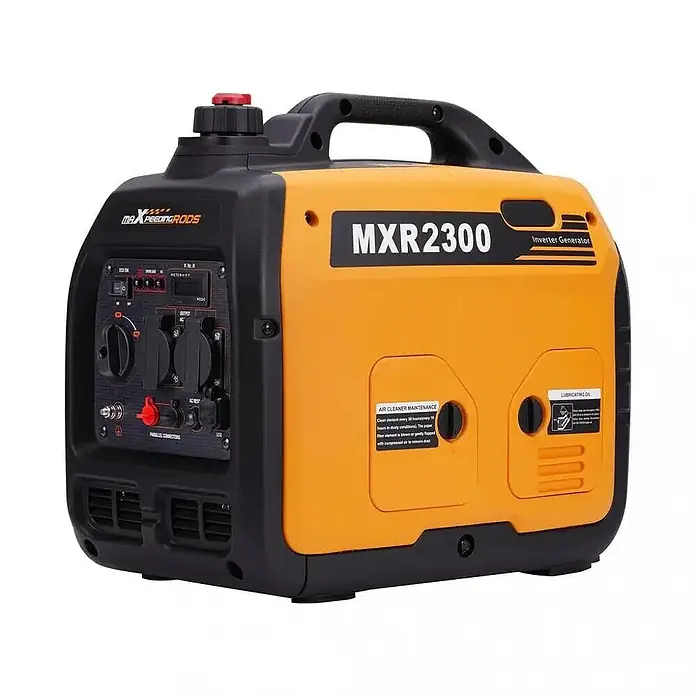 MaXpeedingrods Stromerzeuger 2300 Watt Benzin Inverter Stromerzeuger maXpeedingrods MXR 2300 - Nennleistung: 1,8 kW, Tankvolumen: 4 l - Kompakter orange-schwarzer tragbarer Inverter-Generator mit Tragegriff, Bedienfeld und Wartungshinweisen.
