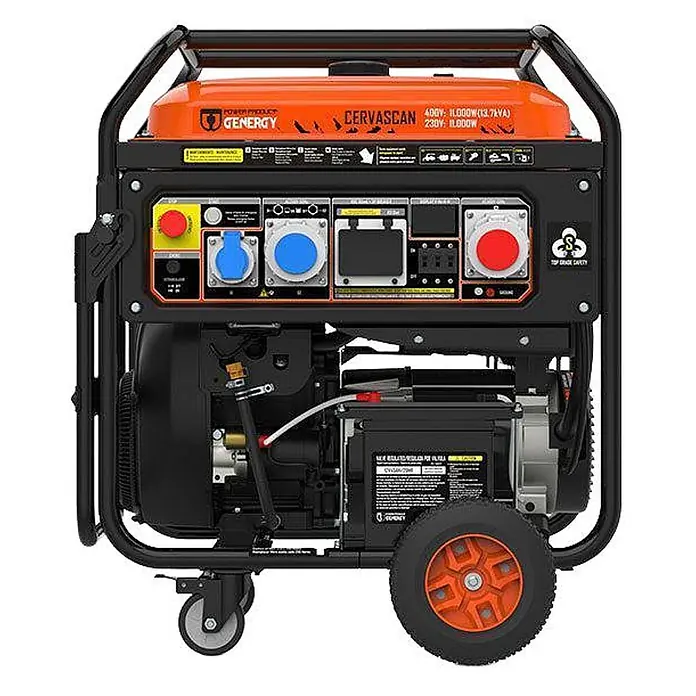 Genergy Stromerzeuger Benzin Stromerzeuger 11.000W 230/400V SVR GENERGY Cervascan-S IP67 - Nennleistung: 10 kW, Tankvolumen: 50 l - Orange-schwarzer mobiler Generator mit robustem Metallrahmen, Bedienfeld, mehreren Steckdosen und Rädern zum Transport.