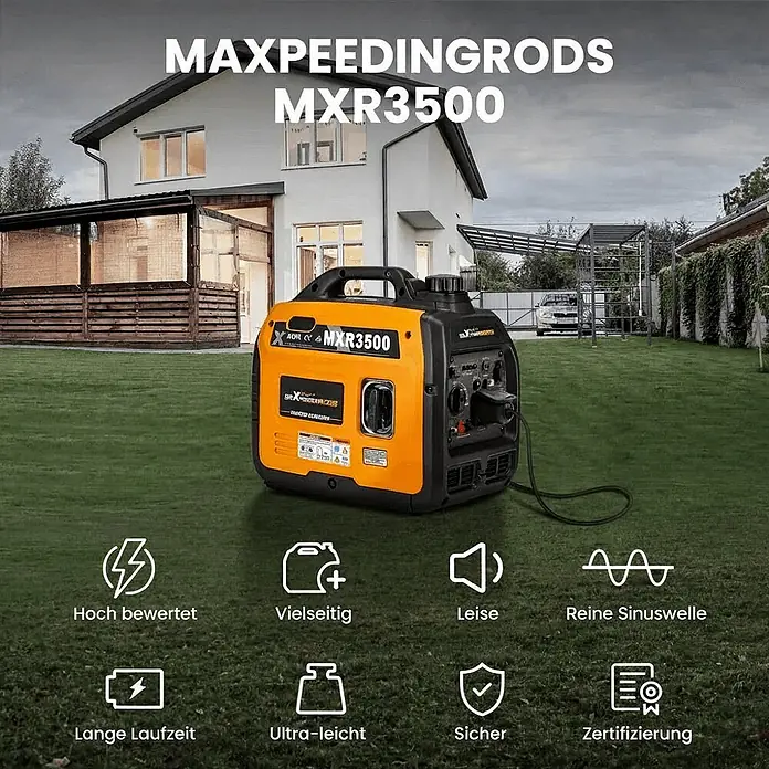 MaXpeedingrods Stromerzeuger 3300 Watt Benzin Inverter Stromerzeuger maXpeedingrods MXR 3500 - Nennleistung: 3 kW, Tankvolumen: 4 l - Oranger und schwarzer Inverter-Stromerzeuger MXR3500, mit Hervorhebung von leise, vielseitig und reiner Sinuswelle.