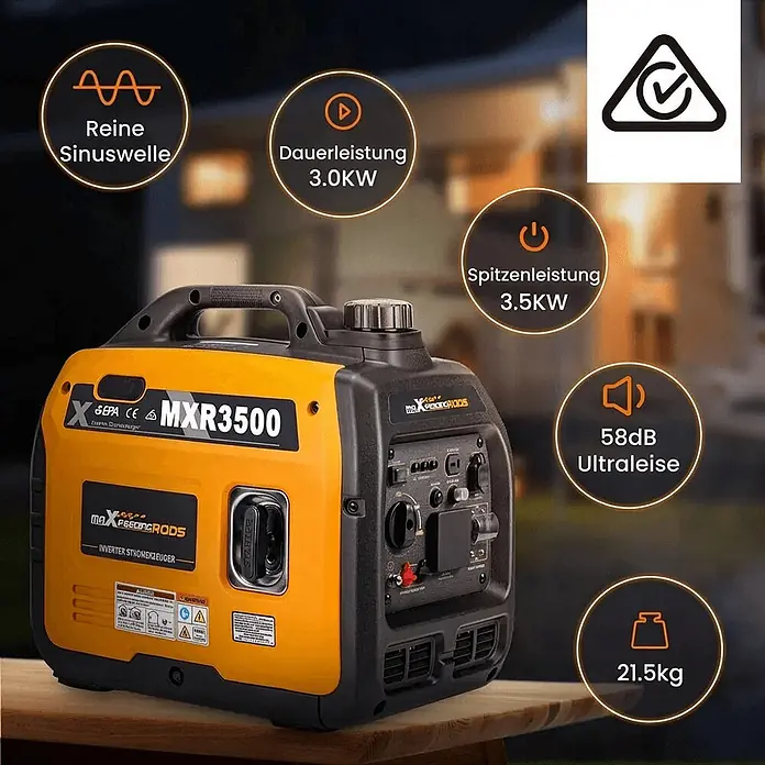 MaXpeedingrods Stromerzeuger 3300 Watt Benzin Inverter Stromerzeuger maXpeedingrods MXR 3500 - Nennleistung: 3 kW, Tankvolumen: 4 l - Gelber und schwarzer Inverter-Generator MXR3500 auf einem Holztisch, zeigt 3.0kW Dauerleistung, 58dB leisen Betrieb und 21.5kg Gewicht.