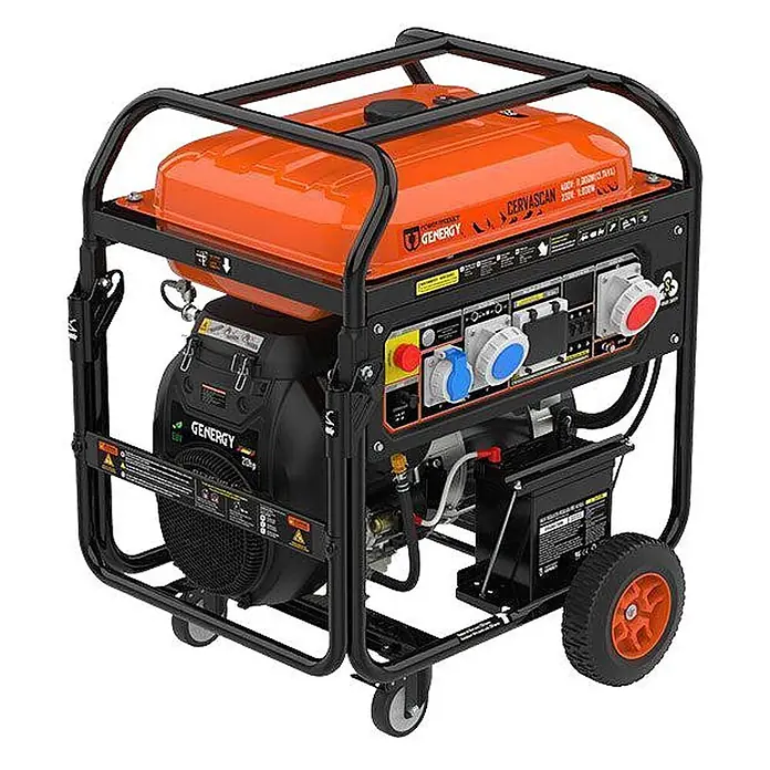 Genergy Stromerzeuger Benzin Stromerzeuger 11.000W 230/400V SVR GENERGY Cervascan-S IP67 - Nennleistung: 10 kW, Tankvolumen: 50 l - Tragbarer Stromerzeuger mit orangefarbenem Tank, schwarzem Rahmen, mehreren Steckdosen und Rollen für Mobilität.