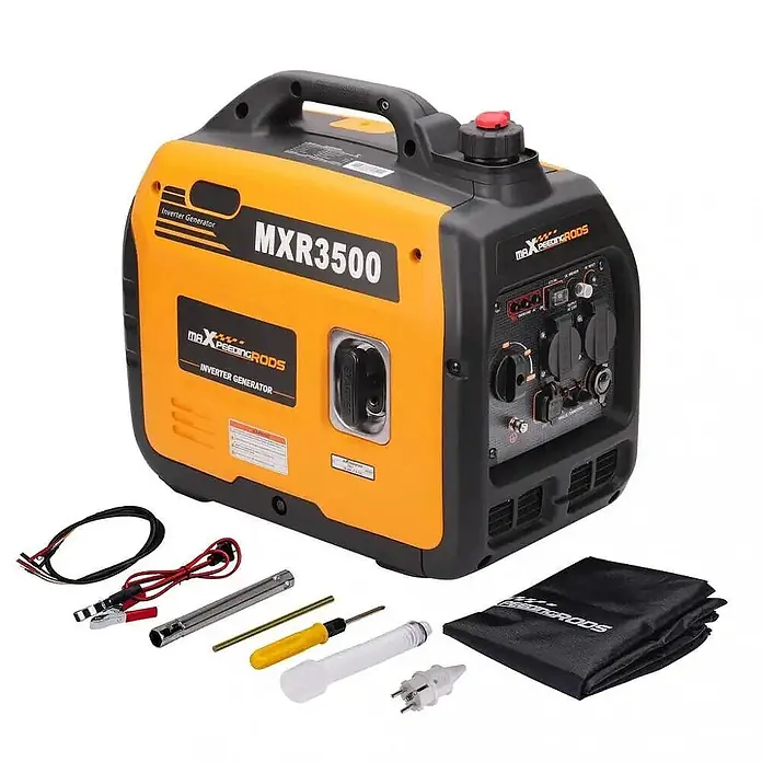 MaXpeedingrods Stromerzeuger 3300 Watt Benzin Inverter Stromerzeuger maXpeedingrods MXR 3500 - Nennleistung: 3 kW, Tankvolumen: 4 l - Orange-schwarzer tragbarer Inverter-Generator (MXR3500) mit rotem Tankdeckel, zusammen mit Zubehör wie Kabeln, Werkzeugen und einer Staubschutzhülle.