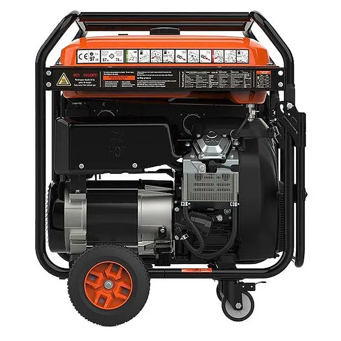 Genergy Stromerzeuger Benzin Stromerzeuger 11.000W 230/400V SVR GENERGY Cervascan-S IP67 - Nennleistung: 10 kW, Tankvolumen: 50 l - Tragbarer orange-schwarzer Stromerzeuger auf Rädern, mit robustem Rahmen und sichtbaren Motorkomponenten.