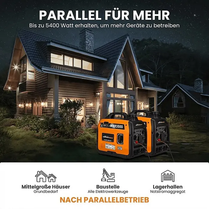 MaXpeedingrods Stromerzeuger 3300 Watt Benzin Inverter Stromerzeuger maXpeedingrods MXR 3500 - Nennleistung: 3 kW, Tankvolumen: 4 l - Zwei orange-schwarze tragbare Generatoren, parallel geschaltet, liefern bis zu 5400W im Haushalt.
