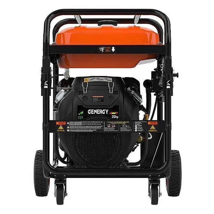 Genergy Stromerzeuger Benzin Stromerzeuger 11.000W 230/400V SVR GENERGY Cervascan-S IP67 - Nennleistung: 10 kW, Tankvolumen: 50 l - Rückansicht eines schwarzen tragbaren Generators mit orangefarbenem Kraftstofftank und 20-PS-Motor, auf Rädern.