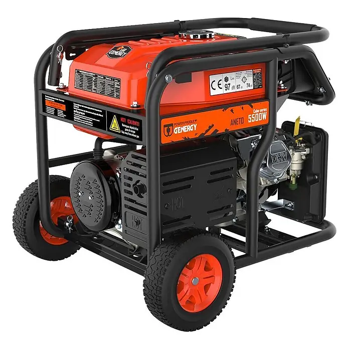 Genergy Stromerzeuger Benzin Stromerzeuger SVR 5500W Genergy Aneto - Open Frame - Tankvolumen: 28 l - Oranger und schwarzer tragbarer Stromerzeuger mit Rädern, GENERGY Marke, ANETO 5500W Modell, für mobile Stromversorgung.