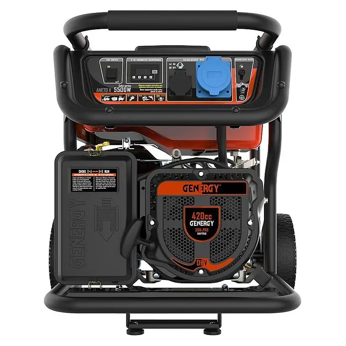 Genergy Stromerzeuger Benzin Stromerzeuger SVR 5500W Genergy Aneto - Open Frame - Tankvolumen: 28 l - Ein schwarzer und oranger tragbarer GENERGY Generator mit 420cc Motor und Bedienfeld.