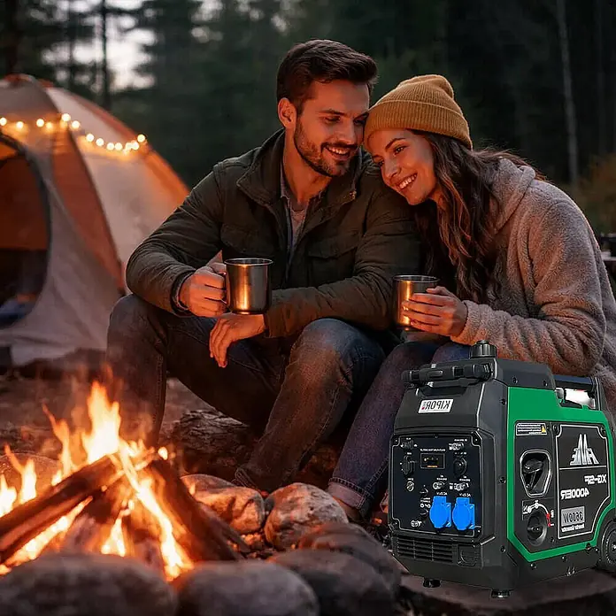 FME Stromerzeuger 3800 Watt Benzin Inverter Stromerzeuger FME XG-SF 4000ER - Nennleistung: 3,6 kW, Tankvolumen: 7,8 l - Grüner und schwarzer tragbarer Inverter-Generator auf einem Campingplatz am Lagerfeuer.