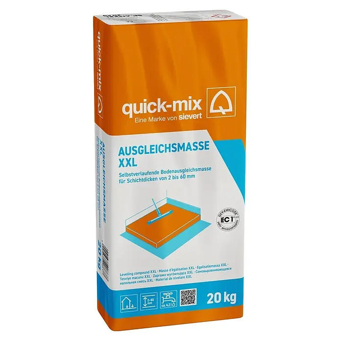 Quick-Mix Ausgleichsmasse Sicher+Plan XXL - 20 kg, Schichtdicke: 2 mm - 60 mm - Orange-weißer 20 kg Sack quick-mix XXL Selbstverlaufende Bodenausgleichsmasse für 2-60 mm Schichtdicken.