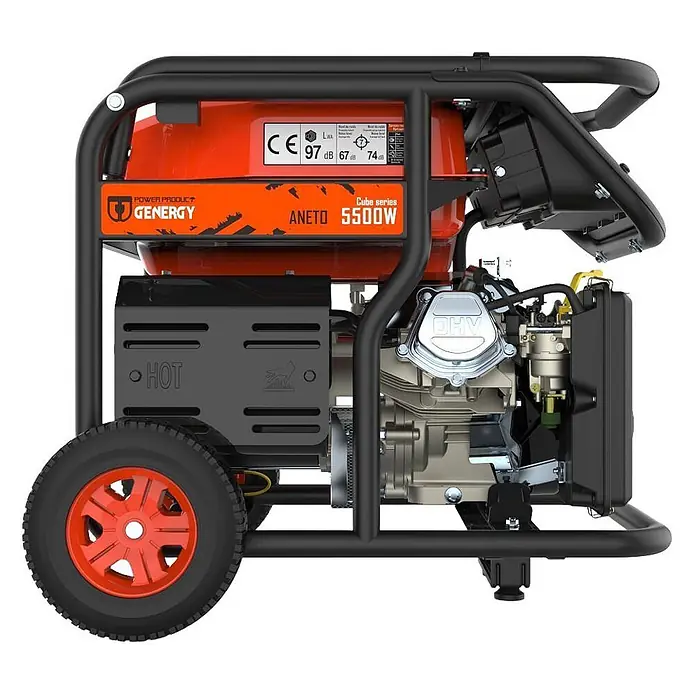 Genergy Stromerzeuger Benzin Stromerzeuger SVR 5500W Genergy Aneto - Open Frame - Tankvolumen: 28 l - Ein orange-schwarzer, tragbarer Generator mit Rädern, robustem Rahmen und der Aufschrift 'GENERGY ANETO 5500W'.