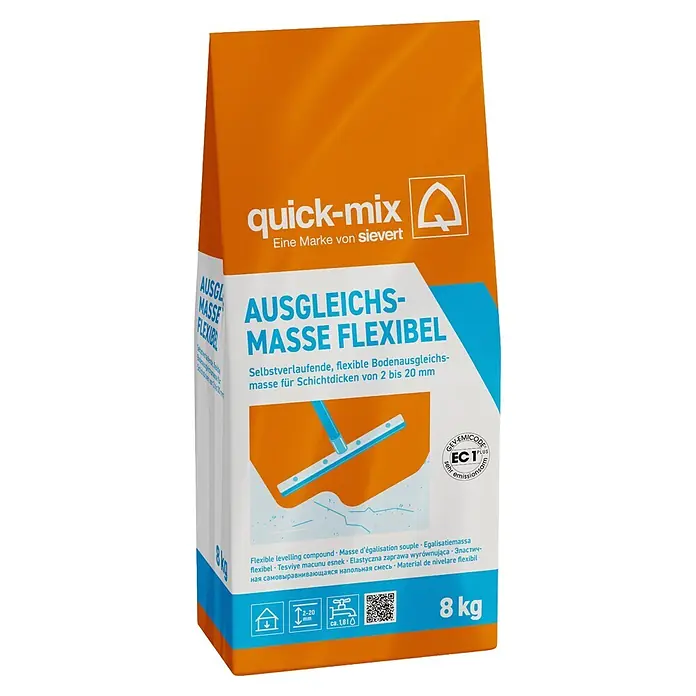 Quick-Mix Ausgleichsmasse Flexibel - 8 kg, Schichtdicke: 2 mm - 20 mm - Orange-weißer Sack quick-mix flexible Ausgleichsmasse für Schichtdicken 2-20mm, 8kg.