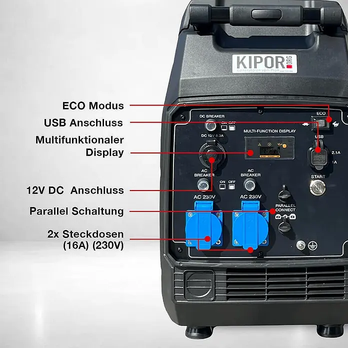 FME Stromerzeuger 3800 Watt Benzin Inverter Stromerzeuger FME XG-SF 4000ER - Nennleistung: 3,6 kW, Tankvolumen: 7,8 l - Schwarzes Kipor Generator-Bedienfeld mit ECO-Modus, USB, 12V DC, zwei 230V Steckdosen und Multifunktionsdisplay.