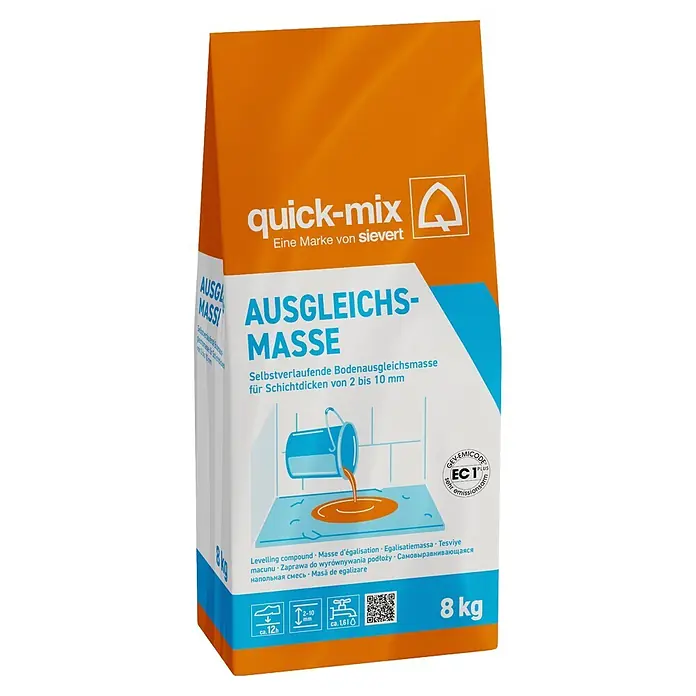 Quick-Mix Ausgleichsmasse Sicher+Plan - 8 kg, Schichtdicke: 1 mm - 10 mm - Orange-weißer quick-mix Sack mit selbstverlaufender Bodenausgleichsmasse für Schichtdicken von 2 bis 10 mm.