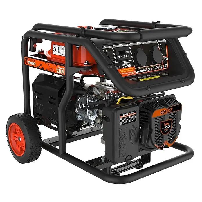 Genergy Stromerzeuger Benzin Stromerzeuger SVR 3300W GENERGY Estrela Open Frame - Tankvolumen: 13 l - Tragbarer orange-schwarzer Generator mit Rädern und Bedienfeld zur Stromerzeugung, beschriftet "GENERGY ESTRELA 3300W".