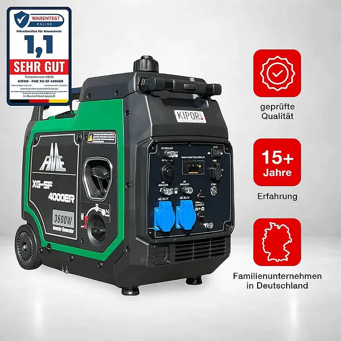 FME Stromerzeuger 3800 Watt Benzin Inverter Stromerzeuger FME XG-SF 4000ER - Nennleistung: 3,6 kW, Tankvolumen: 7,8 l - Ein grün-schwarzer KIPOR FME XG-SF 4000ER 3600W Inverter-Generator mit mehreren Steckdosen und Bedienfeld.