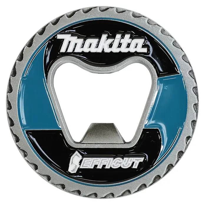 Makita Adventskalender 2026 - 24 -tlg. - Makita EFFICUT Flaschenöffner in Sägeblatt-Optik, aus silbernem Metall mit blauer und schwarzer Emaille.
