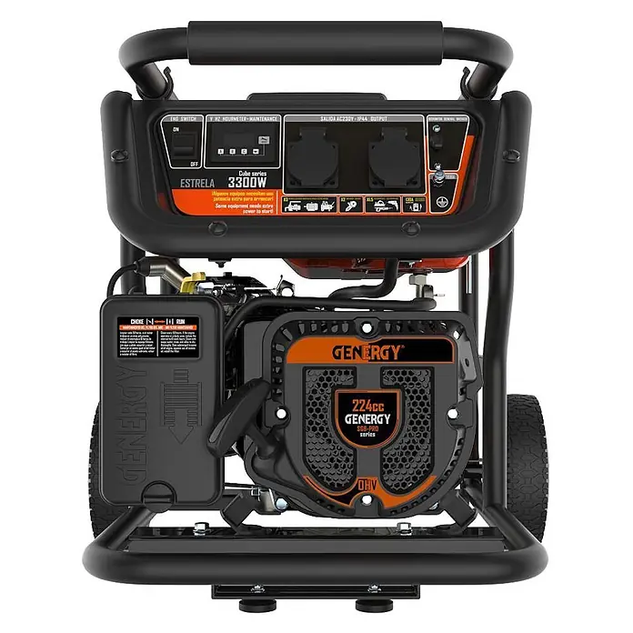 Genergy Stromerzeuger Benzin Stromerzeuger SVR 3300W GENERGY Estrela Open Frame - Tankvolumen: 13 l - Schwarzer und oranger tragbarer GENERGY 3300W Generator mit Bedienfeld und Motor.