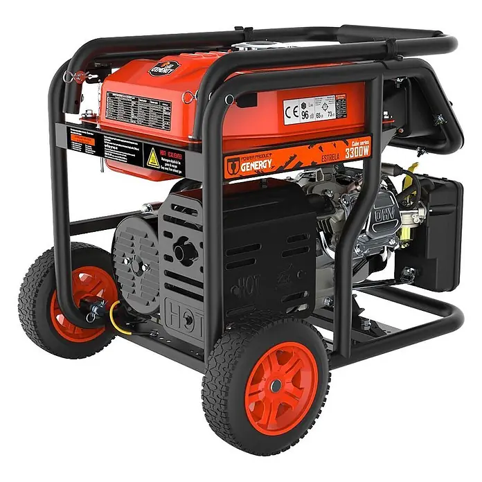 Genergy Stromerzeuger Benzin Stromerzeuger SVR 3300W GENERGY Estrela Open Frame - Tankvolumen: 13 l - Ein orange-schwarzer, tragbarer Stromgenerator mit großen Rädern für einfachen Transport und robustem Rahmen.
