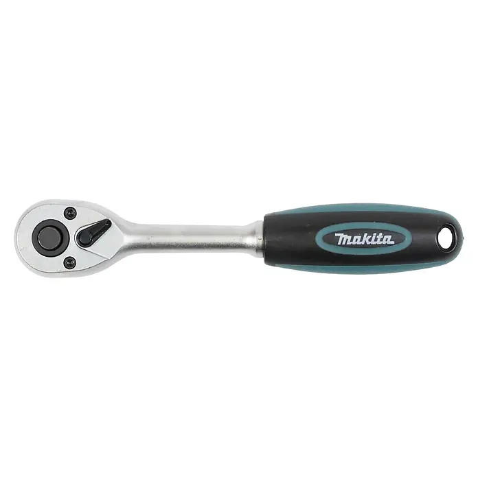 Makita Adventskalender 2026 - 24 -tlg. - Eine silberne Metall-Umschaltknarre mit schwarz-türkisem Gummigriff und Makita-Logo. Sie hat einen Umschalthebel und Vierkantantrieb.
