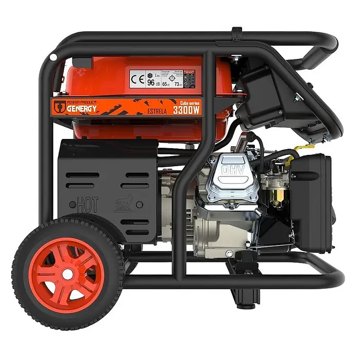 Genergy Stromerzeuger Benzin Stromerzeuger SVR 3300W GENERGY Estrela Open Frame - Tankvolumen: 13 l - Tragbarer orange-schwarzer Generator mit Rädern und OHV-Motor. Modell Estrela 3300W.