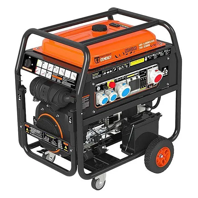 Genergy Stromerzeuger Benzin Stromerzeuger GENERGY IZOARD S ? 15kW (18.5kVA) 400V - Nennleistung: 4,6 kW, Tankvolumen: 50 l - Oranger und schwarzer mobiler Stromgenerator mit robustem Metallrahmen, großem Tank, Bedienfeld und Rädern.