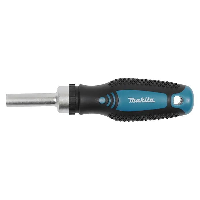 Makita Adventskalender 2026 - 24 -tlg. - Schwarzer und blauer Makita Ratschenschraubendreher mit texturiertem Griff und silberner Welle.