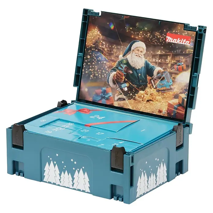 Makita Adventskalender 2026 - 24 -tlg. - Offener türkisblauer Makita Werkzeugkoffer-Adventskalender mit Tannenbaumdesign, innen Türchen und Weihnachtsmann mit Werkzeugen auf dem Deckel.