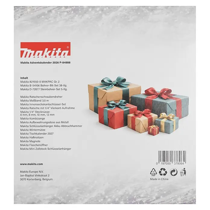 Makita Adventskalender 2026 - 24 -tlg. - Makita Adventskalender 2026, präsentiert als Sammlung von Geschenkboxen mit Werkzeugen und Zubehör.