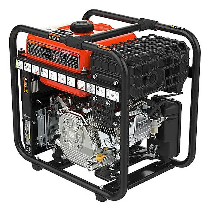 Genergy Stromerzeuger Inverter Stromerzeuger Benzin 3800 Watt RODAS E-START - Nennleistung: 3,5 kW, Tankvolumen: 10 l - Kompakter tragbarer Generator mit orangefarbenem Kraftstofftank, schwarzem Schutzrahmen und silbernen Motorkomponenten.