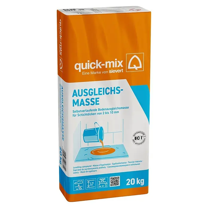 Quick-Mix Ausgleichsmasse Sicher+Plan - 20 kg, Schichtdicke: 1 mm - 10 mm - Ein orange-weißer 20-kg-Sack quick-mix Selbstverlaufende Ausgleichsmasse für Schichtdicken von 2-10 mm.