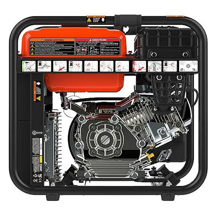 Genergy Stromerzeuger Inverter Stromerzeuger Benzin 3800 Watt RODAS E-START - Nennleistung: 3,5 kW, Tankvolumen: 10 l - Seitenansicht eines tragbaren Generators mit orangefarbenem Kraftstofftank, schwarzem Rahmen und sichtbaren silbernen Motorkomponenten.